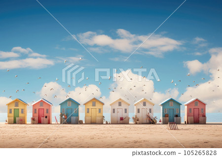 Small colorful beach houses on seashore. Summer holidays. Generative AI 105265828