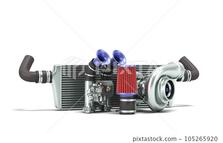 Set of custom spare car parts for tuning the internal components 3d render on white background Set of custom spare car parts for tuning the internal components 3d render on white background 105265920