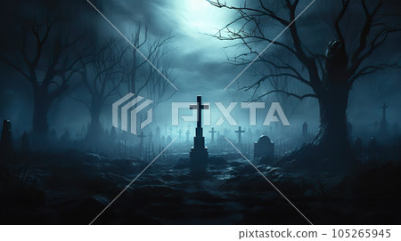 Forgotten Souls Abandoned Spooky Cemetery with Old Celtic Cross Gravestone on Dark Misty Night. created with Generative AI 105265945