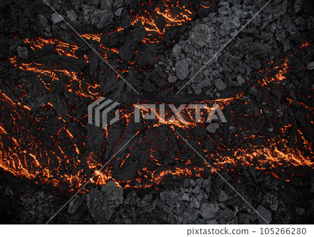 Aerial view of the texture of a solidifying lava field, close-up 105266280