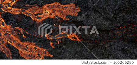 Aerial view of the texture of a solidifying lava field, close-up Aerial view of the texture of a solidifying lava field, close-up 105266290