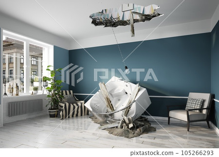 the ceiling is destroyed and broken by the bathroom. 105266293