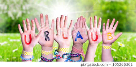 Children Hands Building Word Urlaub Means Vacation, Grass Meadow 105266361