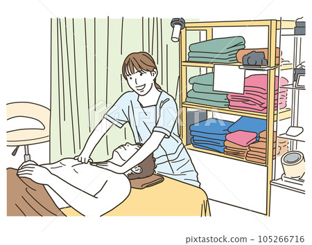 Young esthetician woman performing treatment on a man Young esthetician woman performing treatment on a man 105266716