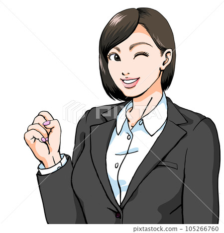 A young woman in a suit smiling with a guts pose while winking A young woman in a suit smiling with a guts pose while winking 105266760