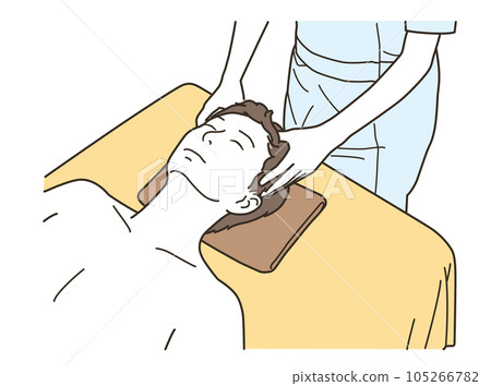 Young man receiving head spa treatment in bed Young man receiving head spa treatment in bed 105266782