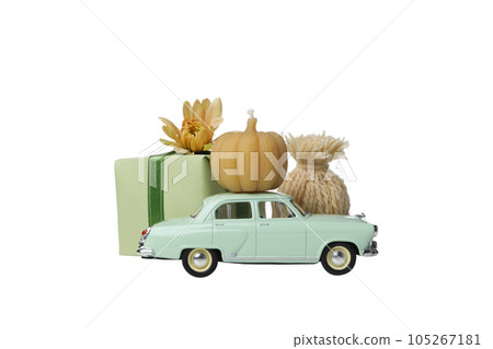 PNG, a toy car with a gift and a pumpkin on the roof, isolated on white background PNG, a toy car with a gift and a pumpkin on the roof, isolated on white background 105267181