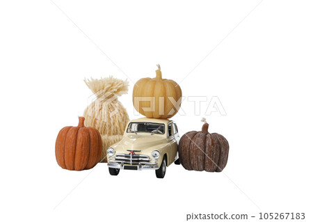 PNG, a toy car with a gift and a pumpkin on the roof, isolated on white background PNG, a toy car with a gift and a pumpkin on the roof, isolated on white background 105267183