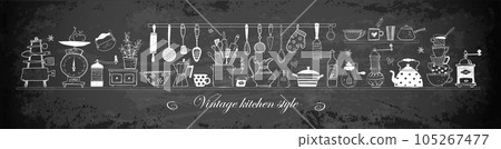 Composition with vintage doodle kitchen utensils on on blackboard background. Vector sketch illustration 105267477