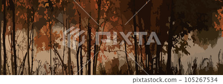 autumn horizontal banner background with autumn forest landscape, golden trees, leaves, river and sky. Autumn layout, poster, label, social media post and backdrop design template 105267534