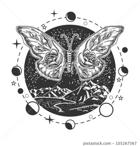 Butterfly mystical engraved retro vintage vector illustration 105267567