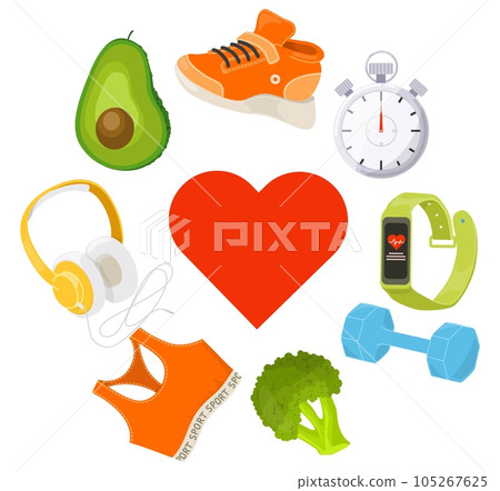 Healthy lifestyle vector poster. Fitness equipment, sport training stuff and accessories, dieting food product illustration Healthy lifestyle vector poster. Fitness equipment, sport training stuff and accessories, dieting food product illustration 105267625