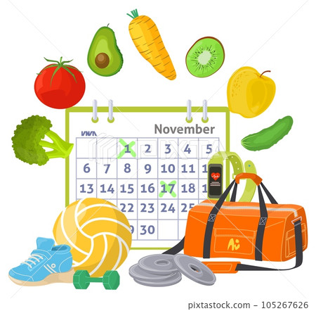 Sport and health vector poster with calendar schedule of training and diet 105267626