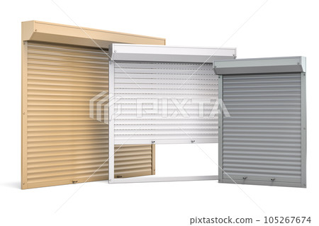 Window roller shutters of different colors isolated on white background. 105267674