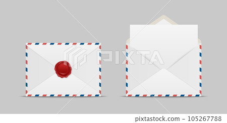 Vector Envelopes with Red Wax Seal and Blank Letter. Folded, Unfolded Isolated Envelope Set in Top View. Design Templat. Message, Notification, Mailing, Surprise and Congratulations Concept 105267788