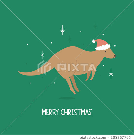 Christmas greeting card with a funny jumping kangaroo in a Santa hat 105267795