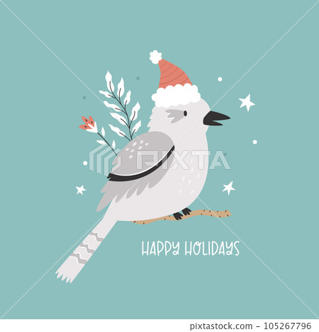 Christmas greeting card with funny kookaburra sitting in a Santa hat 105267796