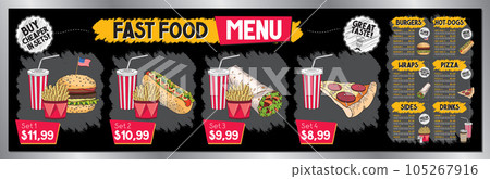 Fast food restaurant menu template - price list/ banner - 200 x 60 cm Fast food restaurant menu template - price list/ banner - 200 x 60 cm 105267916