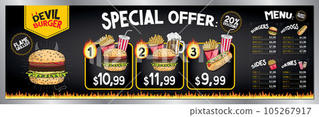 Devil burger bar menu template - price list/ ordering board/ banner - 200 x 60 cm Devil burger bar menu template - price list/ ordering board/ banner - 200 x 60 cm 105267917