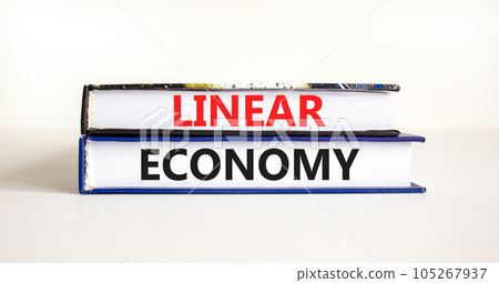 Linear economy symbol. Concept words Linear economy on beautiful books. Beautiful white table white background. Business linear economy concept. Copy space. 105267937