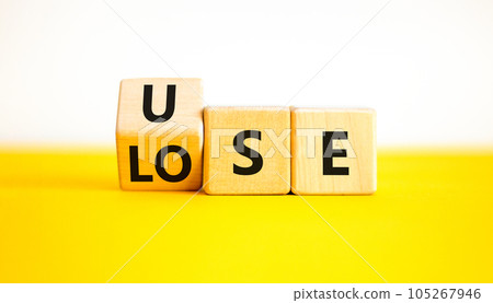 Use or lose symbol. Concept words Use or lose on wooden cubes. Businessman hand. Beautiful yellow table white background. Business Use or lose concept. Copy space. 105267946