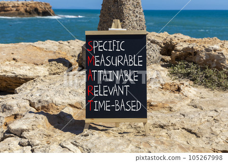SMART symbol. Concept words SMART specific measurable attainable relevant time-based on blackboard. Beautiful stone background Business SMART specific measurable attainable relevant time-based concept 105267998