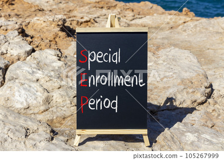 SEP symbol. Concept words SEP Special enrollment period on beautiful black chalk blackboard. Beautiful stone beach blue sea background. Medical and SEP Special enrollment period concept. Copy space. SEP symbol. Concept words SEP Special enrollment period on beautiful black chalk blackboard. Beautiful stone beach blue sea background. Medical and SEP Special enrollment period concept. Copy space. 105267999