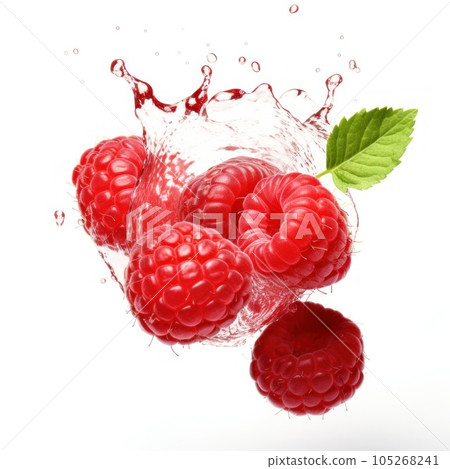 Falling raspberry with water drops 105268241