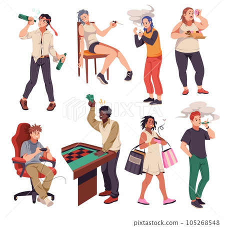 Addicted men and women. Cartoon unhappy people with different bad habits, alcoholism, drug and gambling addiction, bulimia and smocking, shopaholism. Flat style isolated illustration tidy vector set 105268548