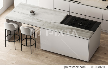 Modern luxury stylish kitchen interior with wooden floor, stone island and chair with dining table. White countertops and top view. 3d rendering. High quality 3d illustration Modern luxury stylish kitchen interior with wooden floor, stone island and chair with dining table. White countertops and top view. 3d rendering. High quality 3d illustration 105268691