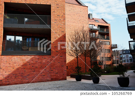 Modern residential complex in Gdansk, Poland. Living house facade with balconies. Apartment building. Mortgage in real estate 105268769