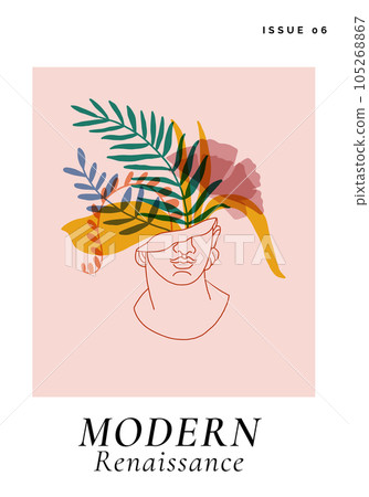 Creative modern classical Sculpture with leaves. David bust. TShirt Design, Printing, clothes, bags, posters, invitations, cards, leaflets etc. Vector illustration hand drawn. Vector illustration Creative modern classical Sculpture with leaves. David bust. TShirt Design, Printing, clothes, bags, posters, invitations, cards, leaflets etc. Vector illustration hand drawn. Vector illustration 105268867