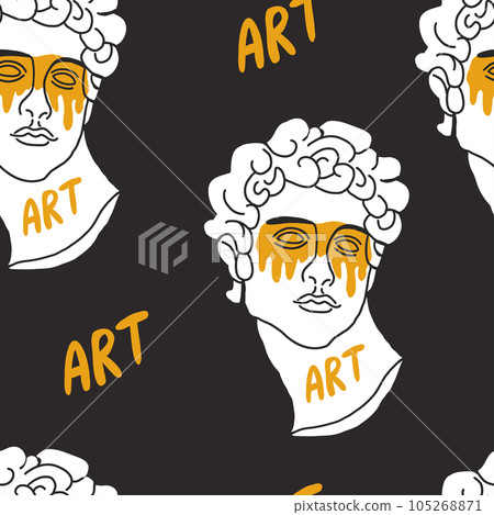 Seamless pattern with greek sculptures. Men faces. Stylish black background. pop art, modern antiquity. Vector illustration Seamless pattern with greek sculptures. Men faces. Stylish black background. pop art, modern antiquity. Vector illustration 105268871
