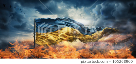 Flag of Ukraine in flames of fire 105268960