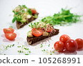 Toasts with microgreens. Hand holds a healthy toast. Healthy food concept. Super food. 105268991