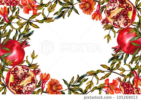 Pomegranate. Frame of pomegranate fruits on a branch, burst, cut pomegranate and flowers. Watercolor illustration. Pomegranate. Frame of pomegranate fruits on a branch, burst, cut pomegranate and flowers. Watercolor illustration. 105269013