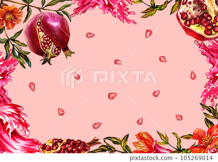 Pomegranate. Frame of pomegranate fruit on a branch, burst, cut pomegranate, flowers and pomegranate juice. Pomegranate. Frame of pomegranate fruit on a branch, burst, cut pomegranate, flowers and pomegranate juice. 105269014