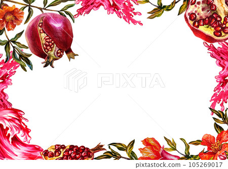 Pomegranate. Frame of pomegranate fruit on a branch, burst, cut pomegranate, flowers and pomegranate juice. 105269017