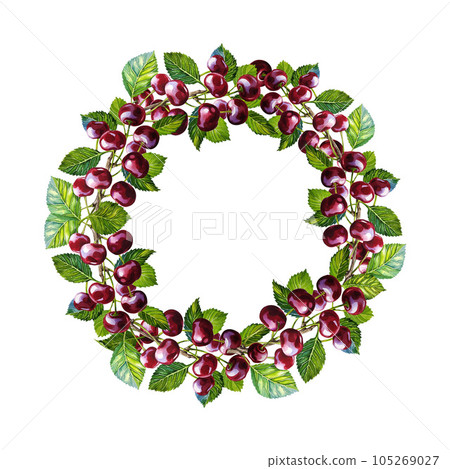 Cherry round frame. Fruit wreath. Watercolor hand drawn illustration isolated on white background. For labels, packaging and prints. For textiles, stickers, and decor. For menus, invitation cards. 105269027