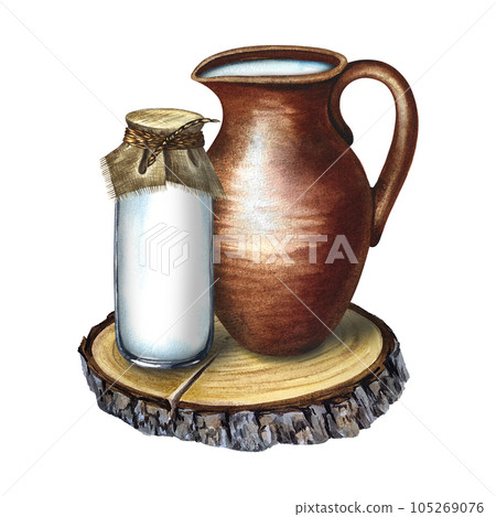Dairy products. Pottery pot and bottle of milk. Watercolor hand drawn illustration. For milk promotion banner and flyer, dairy product label packaging. 105269076