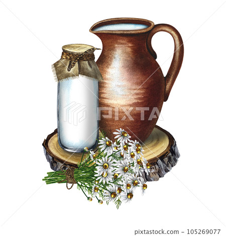 Dairy products. Pottery pot and bottle of milk. Bouquet of field daisies. Watercolor hand drawn illustration. For milk promotion banner and flyer, dairy product label packaging. Dairy products. Pottery pot and bottle of milk. Bouquet of field daisies. Watercolor hand drawn illustration. For milk promotion banner and flyer, dairy product label packaging. 105269077