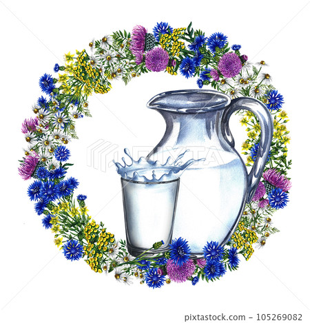 Carafe and a glass of milk. The composition is decorated with a wreath of wildflowers. Watercolor hand drawn illustration. For milk promotion banner, flyer, dairy product label packaging. Carafe and a glass of milk. The composition is decorated with a wreath of wildflowers. Watercolor hand drawn illustration. For milk promotion banner, flyer, dairy product label packaging. 105269082