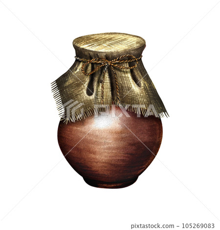 Ceramic jug covered with linen. Watercolor hand drawn illustration. For designer packaging of dairy products, textiles, kitchen utensils, rustic prints and kitchen utensils. Ceramic jug covered with linen. Watercolor hand drawn illustration. For designer packaging of dairy products, textiles, kitchen utensils, rustic prints and kitchen utensils. 105269083
