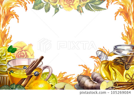 Tea drinking. Frame. Fragrant antiviral tea with lemon, cinnamon and ginger. Glass teapot and cup with vitamin tea against colds. Watercolor. Tea invitation. For flyers, packages and posters. Tea drinking. Frame. Fragrant antiviral tea with lemon, cinnamon and ginger. Glass teapot and cup with vitamin tea against colds. Watercolor. Tea invitation. For flyers, packages and posters. 105269084