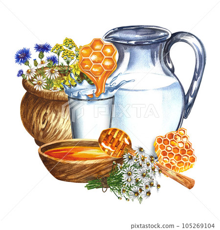 Milk with honey. Useful anti-cold drink. Milk in a decanter and a glass. Honey in a wooden bowl. Watercolor hand drawn illustration. For banner and flyer of milk, packaging label of dairy products. Milk with honey. Useful anti-cold drink. Milk in a decanter and a glass. Honey in a wooden bowl. Watercolor hand drawn illustration. For banner and flyer of milk, packaging label of dairy products. 105269104