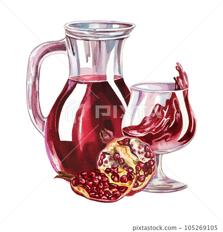 Pomegranate juice and pomegranate juice in decanter and glass. Watercolor hand drawn illustration. Isolate on white background. for design solutions. For labels, packaging and flyers, postcard, print. Pomegranate juice and pomegranate juice in decanter and glass. Watercolor hand drawn illustration. Isolate on white background. for design solutions. For labels, packaging and flyers, postcard, print. 105269105