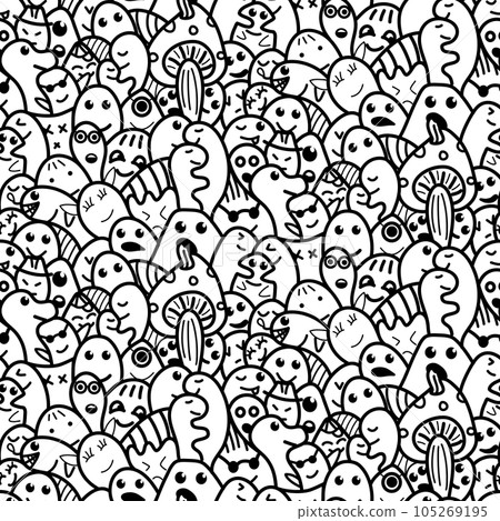 Doodle seamless pattern with monster facces and mushrooms. Coloring book. Vector illustration. Doodle seamless pattern with monster facces and mushrooms. Coloring book. Vector illustration. 105269195