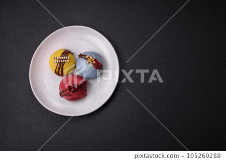 Delicious sweet colorful mochi desserts or ice cream with rice dough and toppings 105269288