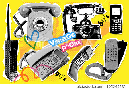 Set of halftone collage elements with phones with handset. TelePhone evolution. Vector dotted textured illustration. Retro torned stickers with cut out paper elements. 105269381