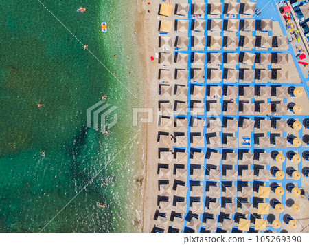 Aerial photographs. View from flying drone. Birds-eye view of beach in Montenegro. Top view Aerial photographs. View from flying drone. Birds-eye view of beach in Montenegro. Top view 105269390